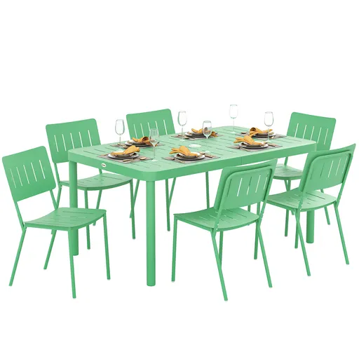 Outsunny Masă de grădină exterioară cu 6 scaune, placă cu lamele 150 cm, structură din oțel rezistent la rugina, verde | Aosom Romania