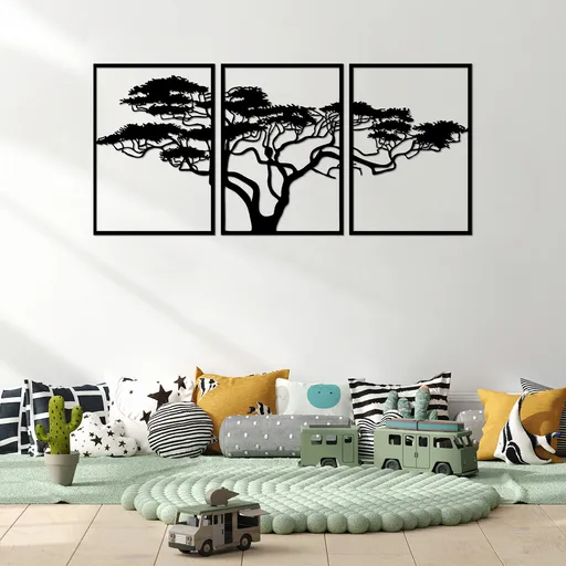 Decoratiune de perete, Acacia Tree, 50 x 70 cm, 3 piese, Negru