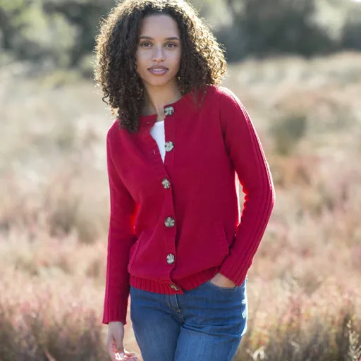 Un pulover cu nasturi, tricotat cu un model din plastic