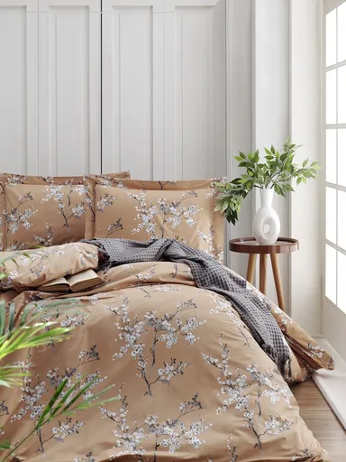 Lenjerie de pat dubla, L'essentiel Maison, Chicory, Bumbac Ranforce, Portocaliu/Alb