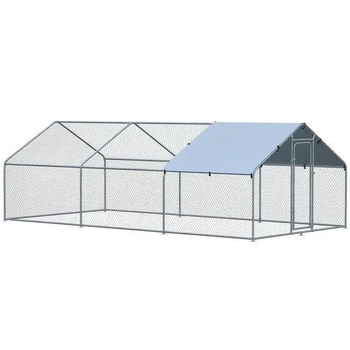 PawHut Coteț pentru Găini de Exterior din Metal Galvanizat cu Acoperiș din Material Impermeabil, 6x3x2 m, Argintiu | Aosom Romania