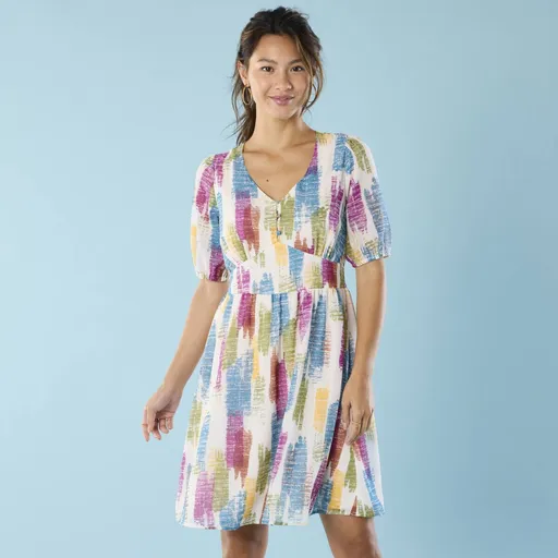 Rochie scurtă din voal cu imprimeu, pentru siluete mici