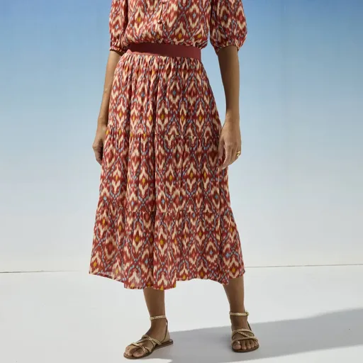 Fustă midi cu volane și imprimeu în stil ikat