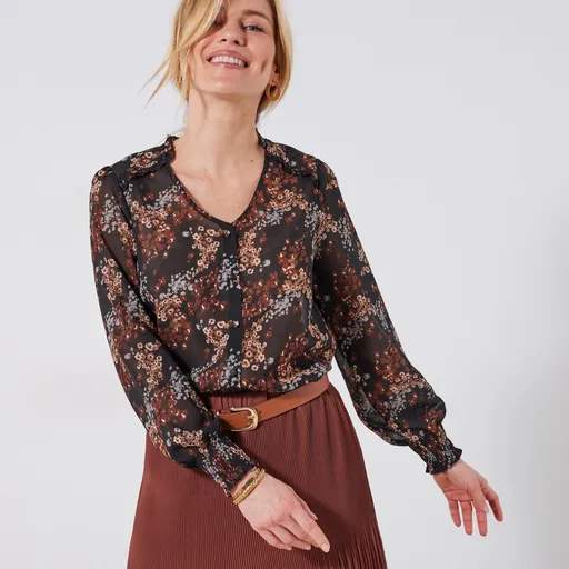 Bluză din poliester reciclat cu imprimeu floral, stil popular (1)