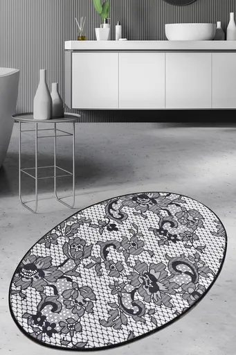 Covoras de baie, L'essentiel Maison, Lace Djt, 80x120 cm, Negru / Alb / Gri