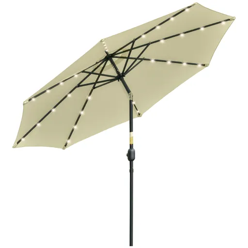 Outsunny Umbrelă de Grădină Inclinabilă Ø265 cm cu 32 Lumini LED Solare și Manivelă, Umbrelă de Exterior cu 8 Spițe, din Oțel, Poliester, pentru Teras