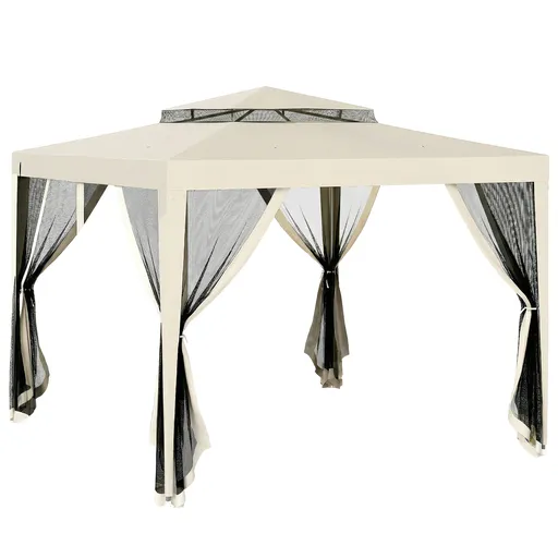 Outsunny Foisor de Gradina cu Plasa de Tantari, Foisor 3x3 m cu Acoperis Dublu si Cadru din Metal, Bej