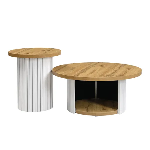 Set de 2 măsuțe de cafea rotunde, masă principală și măsuță laterală cu compartiment de depozitare, 75x75x50/45x45x35 cm, Culoare naturală