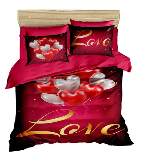 Lenjerie de pat dubla King (IT), 3 piese, L'essentiel Maison, 156, Roșu / Roz / Auriu