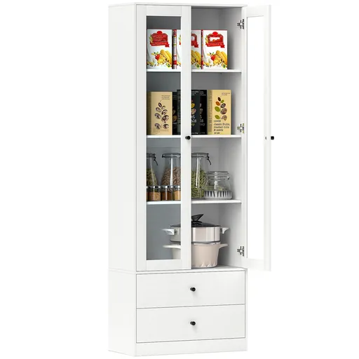 HOMCOM Mobilier de depozitare modern cu dulap cu uși din sticlă, rafturi reglabile și 2 sertare, 59 x 30 x 164 cm, alb | Aosom Romania