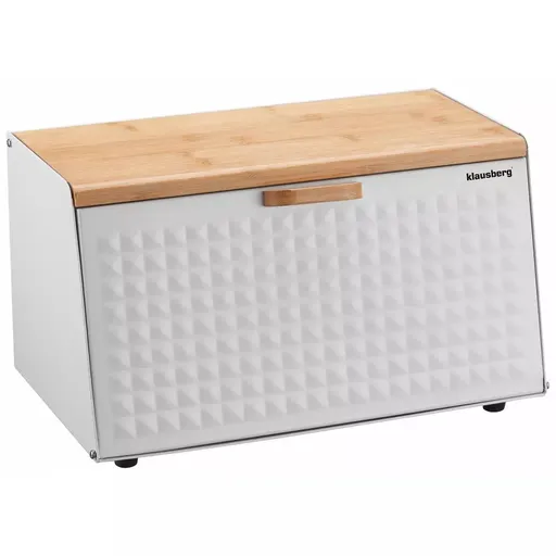 Cutie pentru paine Klausberg KB 7468, 35.5 cm, Otel, Bambus, Capac superior si frontal, Alb