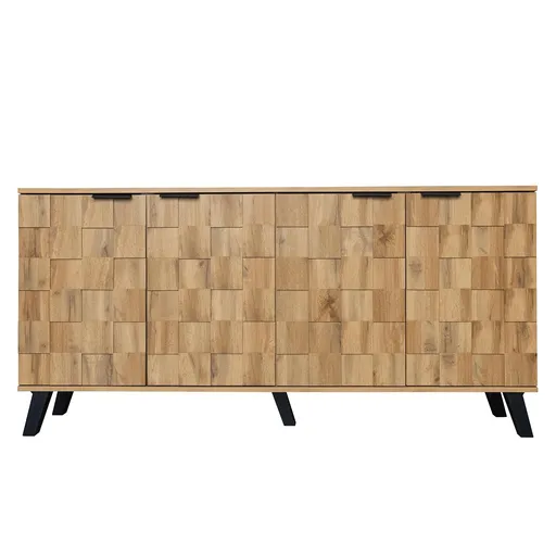 Bufet modern cu 4 uși, model geometric al texturii lemnului, spațiu generos de depozitare, 160,5x35,5x78 cm, Culoare naturală