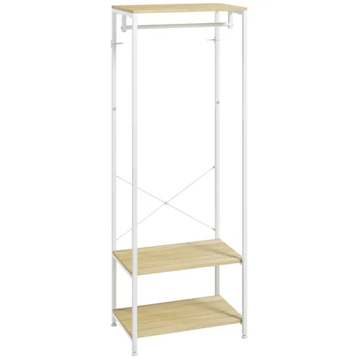 HOMCOM Portmanta cu șină și 2 rafturi pentru pantofi 60L x 40l x 167,5H cm Aspect de lemn deschis și metal alb | Aosom Romania