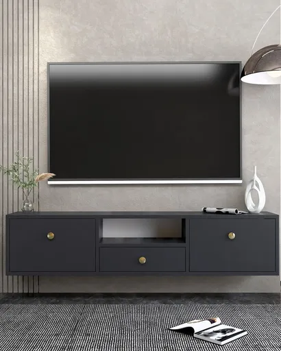 Comoda TV, Hanah Home, 1301-DROP-1, 140x30x30 cm, PAL , Antracit / Aur