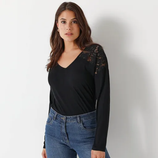 Tricou cu mânecă lungă și decolteu în V, cu dantelă