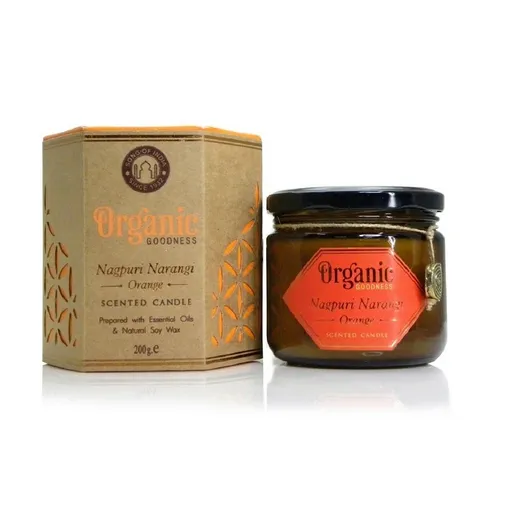 Lumânare organică Nagpuri Narangi - Portocaliu 200g în pahar de sticlă chihlimbar, portocaliu
