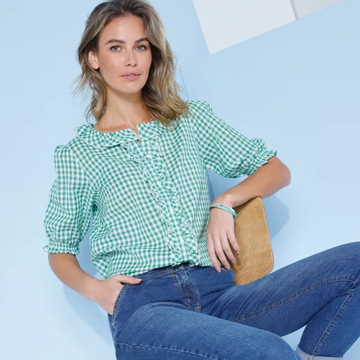 Bluză cu volane și imprimeu în carouri