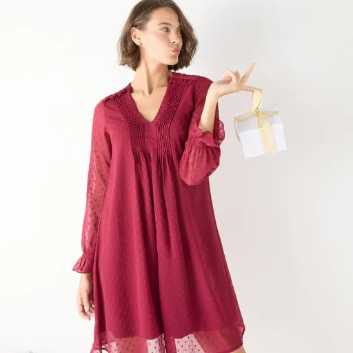 Rochie scurtă evazată, uni, cu pliuri și buline