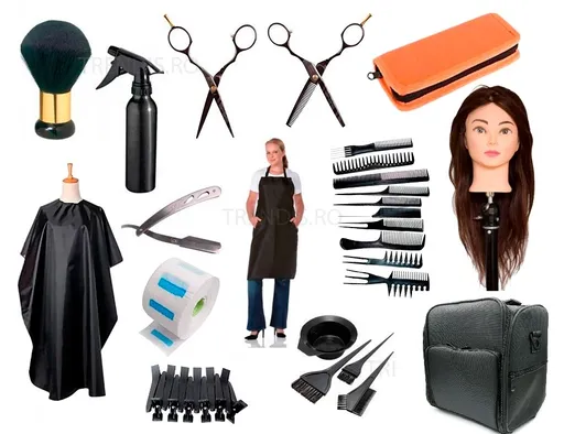Set Kit Frizerie Coafor Belle cu Geanta Echipata, Cap Practica Manechin si Foarfeci Tuns si Filat