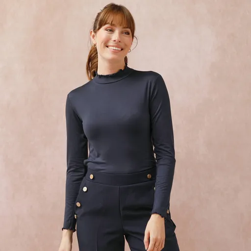 Tricou uni cu guler înalt și tiv ondulat