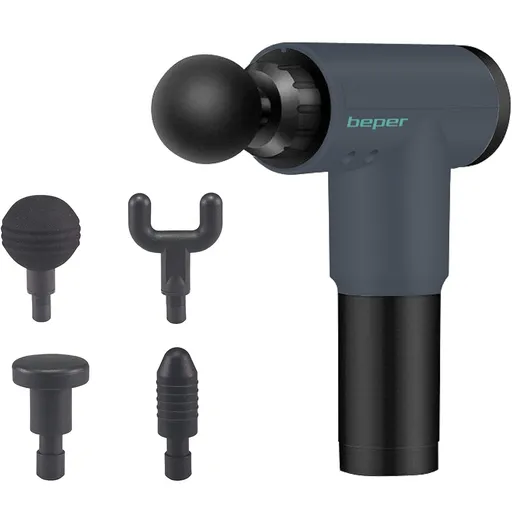 Aparat pentru masaj Beper P302MAS001, Li-Ion 2200 mAh, 4 atasamente, 6 viteze, 1.5 h Autonomie, Negru/Gri