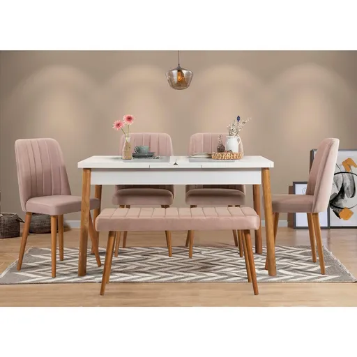 Set masa extensibila si scaune, Hanah Home, Santiago Atlantic-White Stone, Pin Atlantic / Alb / Piatră