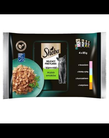 SHEBA plicuri hrana pisici 4x85g Fine Flakes in Jelly - hrana umeda pentru pisici in jeleu (peste alb, somon, curcan, pui)