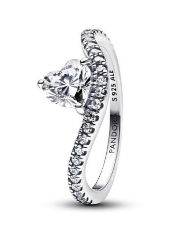Pandora Inel ondulat din argint Inimă cu zirconi Timeless 193661C01 56 mm
