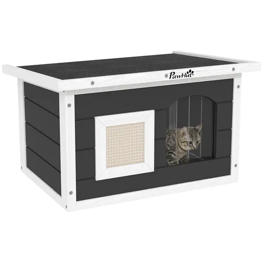 PawHut Casa de pisici, refugiu pentru pisici și iepuri, casă din lemn cu placă de zgâriere, ușă cu clapetă, 61 x 45 x 36,5 cm, Gri | Aosom Romania
