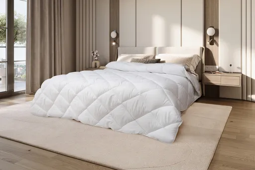 Pilota matlasata Alcam, 140x200 cm, microfibra alba, umplutura fibra siliconica, 400g/mp, nivel de caldura mare