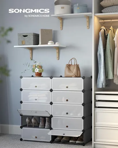 Dulap modular pentru incaltaminte, Songmics, 10 compartimente, 43x31x173 cm, ABS/fier, gri