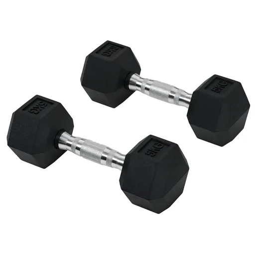 HOMCOM Set 2 Gantere Hexagonale, 5kg Fiecare, din Cauciuc cu Mâner Anti-alunecare, pentru Antrenament și Fitness, Negru | Aosom Romania