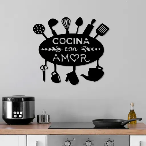 Decoratiune de perete, Cocina Con Amor, 49 x 1,5 x 43 cm, Negru