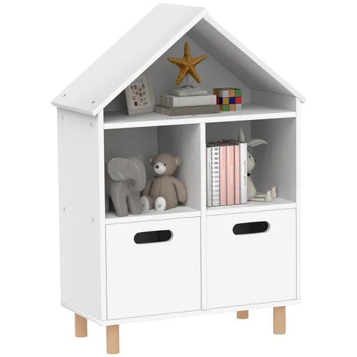 AIYAPLAY Bibliotecă pentru copii mobilier de depozitare pentru copii 3 nivele cu două sertare formă de casă 63,7 x 29,7 x 89 cm alb | Aosom Romania