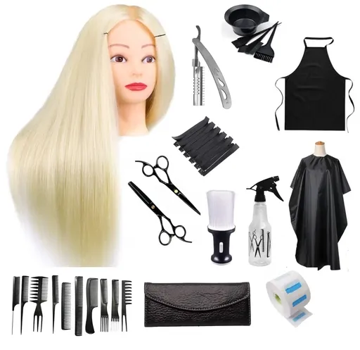 Set Kit Frizerie Coafor Complet Jasmin cu Cap Practica Blond ,Brici, Foarfeca Tuns si Filat