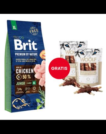 Pachet BRIT Premium By Nature Junior Extra Large XL Chicken 15 kg + WOOLF Chicken And Rawhide Twister 2 x 100g GRATIS