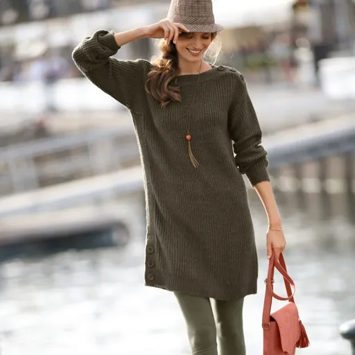 Pulover tunică cu nasturi, cu atingere de mohair