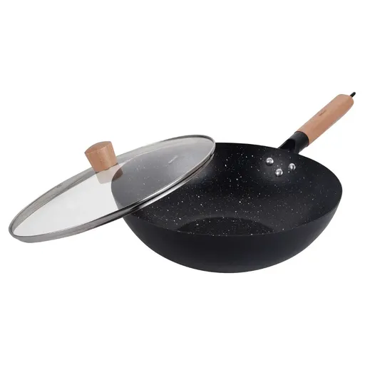 Kinghoff KH 1984 wok, 30 cm, Capac din sticlă cu gaură pentru abur, Finisaj marmură, Inducție, Negru