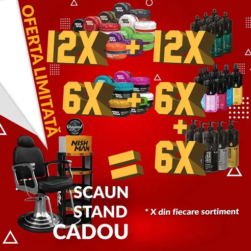 Pachet 12 Ceara Par, 12 Hair Tonic, 6 Ceara Matte, 6 After Shave, 6 After Shave Crema, Scaun Eurostill, Stand