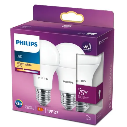 Pachet 2 becuri LED Philips A60, EyeComfort, E27, 11W (75W), 1055 lm, lumina alba calda (2700K), clasa energetica F Philips 8718699770204