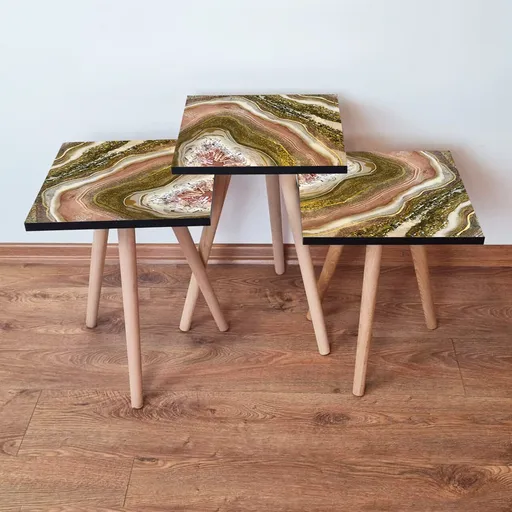 Set masute 3 piese, Hanah Home, 3Shp296, Maro / Bej / Auriu