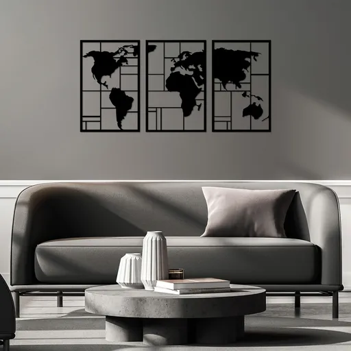 Decoratiune de perete, World Map 3, 48 x 74 cm, 3 piese, Negru