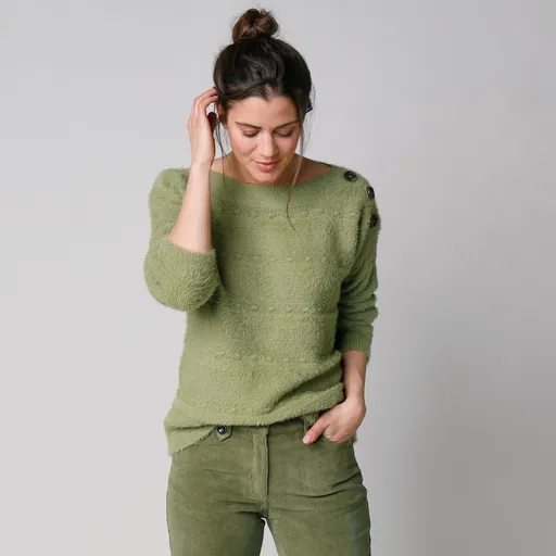 Pulover cu gât de barcă, tricotat cu fir de păr