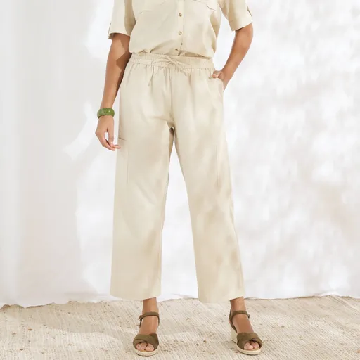 Pantaloni largi 7/8 cu buzunare, din amestec de bumbac/lin