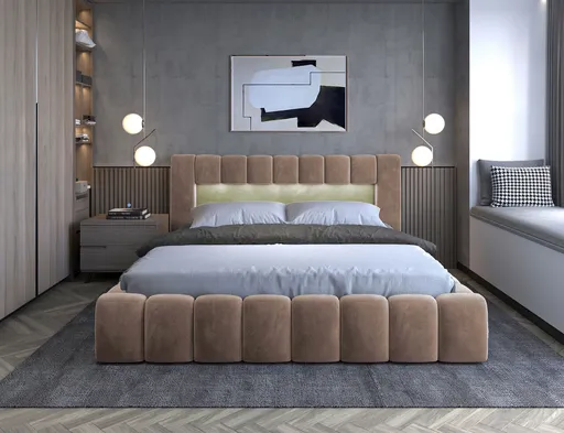 Pat tapitat cu somiera si lada depozitare, 140x200 cm, ELTAP, Lamica, lemn/poliester, maro deschis