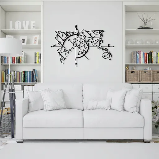 Decoratiune de perete, World Map Metal Decor 2, metal, 111 x 74 cm, negru