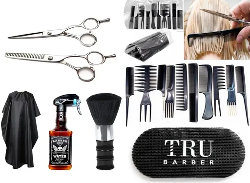 Set Frizerie Barbosa, Foarfece, Manta, Pulverizator, Pamaruf, Arici, Piepteni