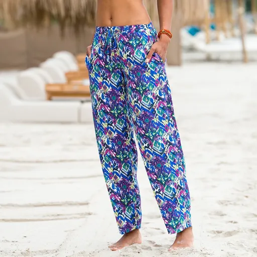 Pantaloni aerisiți cu picior lat, cu talie elastică și imprimeu