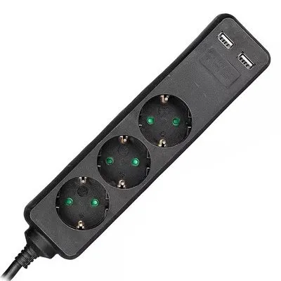 Prelungitor 3 cai + 2USB 1.5M(3G1.5MM2) negru V-TAC SKU-8776