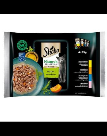 SHEBA Nature’s Collection mix plicuri pentru pisica 4x85 g in sos cu bucati de pui, curcan, ton, somon